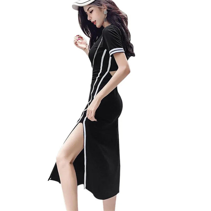 2024 Spring Summer Women Sport Solid Dress Short Sleeved Round Neck Side Split Long Dresses Slim Fit High Waist Casual Ladies - Seprincess