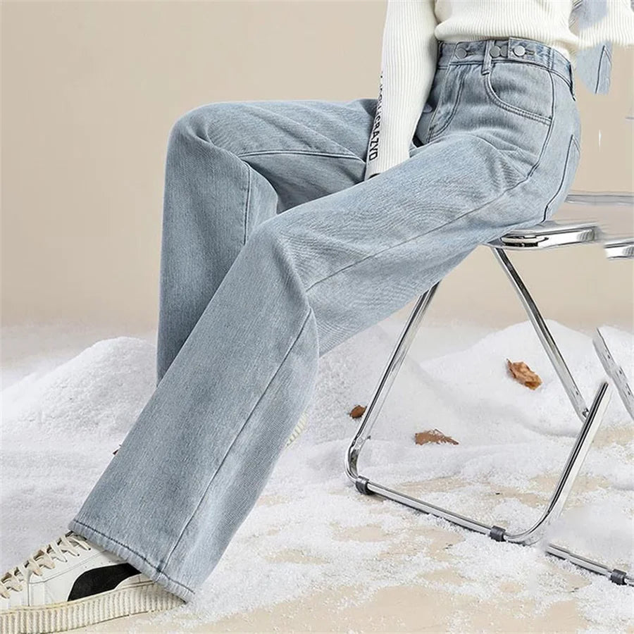 Straight Velvet Lined Baggy Jeans Pants Women Warm Plush Wide Leg Vaqueros Pantalones Thick Loose Vintage Winter Denim Trousers