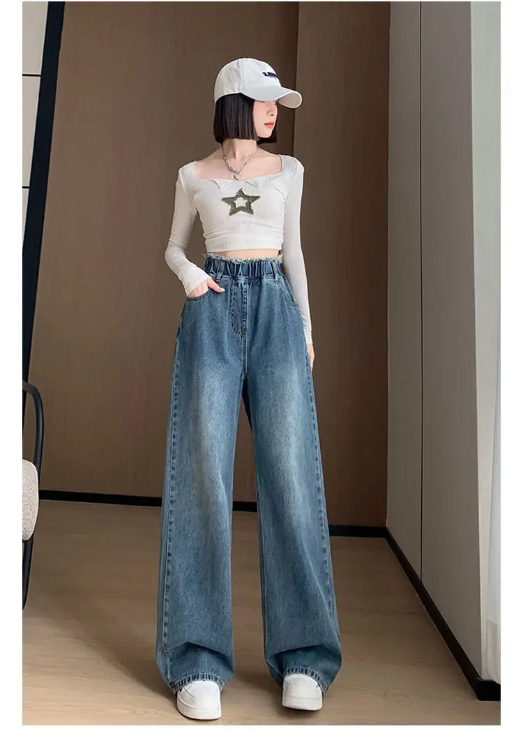 Large Size Denim Trousers Women Trailing Straight Wide Leg Loose High Waisted Slim Lace Tassel Higher Pants