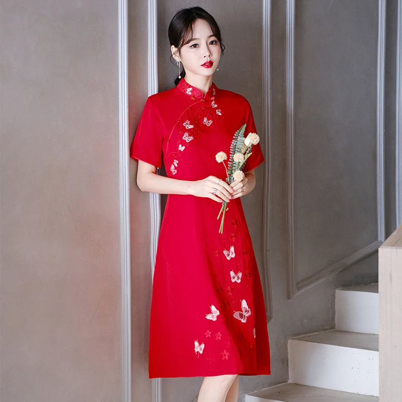 Retro Ethnic Style Chinese Traditional Qipao Dress Fashion Embroidered Improved Red Cheongsam CNY - Seprincess