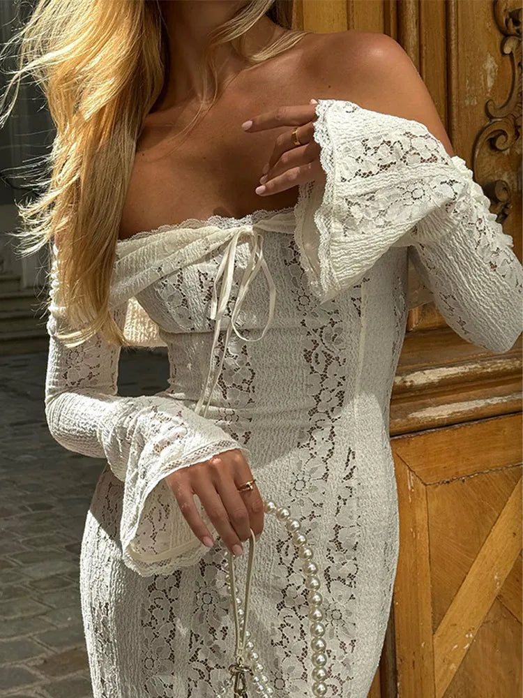 White Off Shoulder See-through Lace Up Maxi Dress Women Flared Long Sleeves Chest Wrapped Dresses Summer Elegant Seaside Gowns - Seprincess