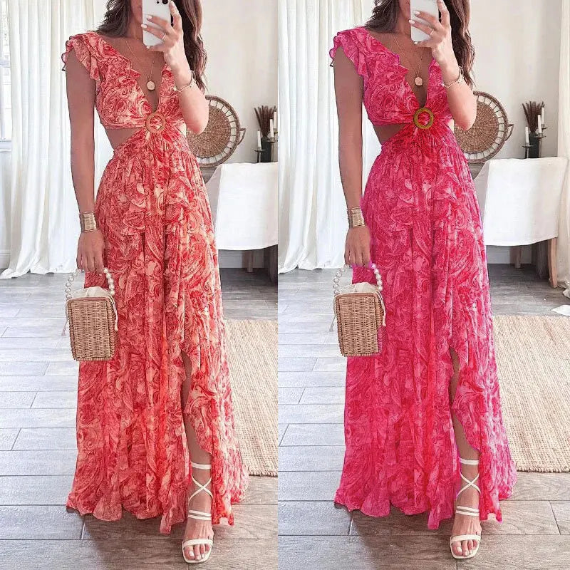 2024European And American Clothing Summer Fashion New Printed Hot Girl Style Deep V Sexy Waist-exposed Long Pleated Casual Dress - Seprincess