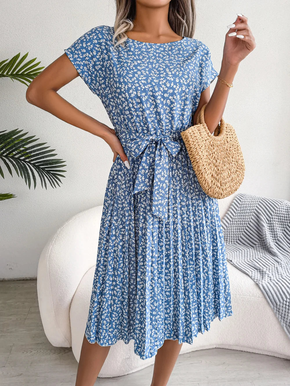 Women Spring Summer Short Sleeve High Waist Chic Dress Fashion Floral Pleated A Line Long Dress - Seprincess