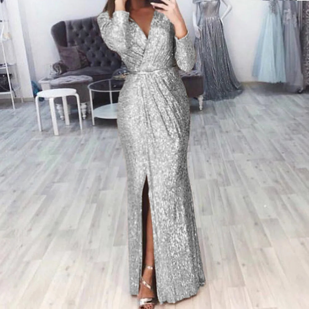 Autumn Winter Women's Dress Sequin V-neck Long Sleeved Waist Sexy Split High End Casual Fashion Elegant Dress Women's Dress - Seprincess