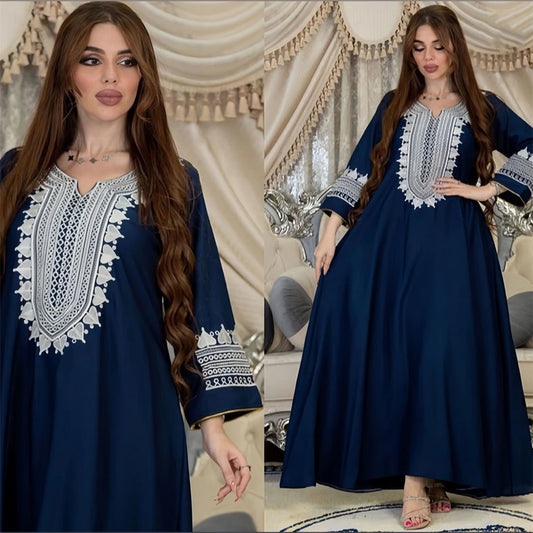 Elegant Long Muslim Dress with Delicate Lace Loose Fitting Modest Arabic Women's Casual Robe Long Sleeves Solid Colors Plus Size - Seprincess