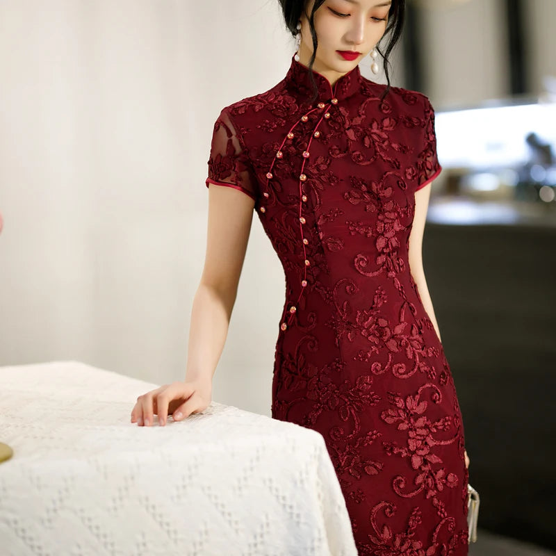 Burgundy Lace Female Qipao Traditional Chinese Dress Vintgae Classic Mandarin Collar Cheongsam Sexy Slim Split Vestidos 3XL 4XL - Seprincess