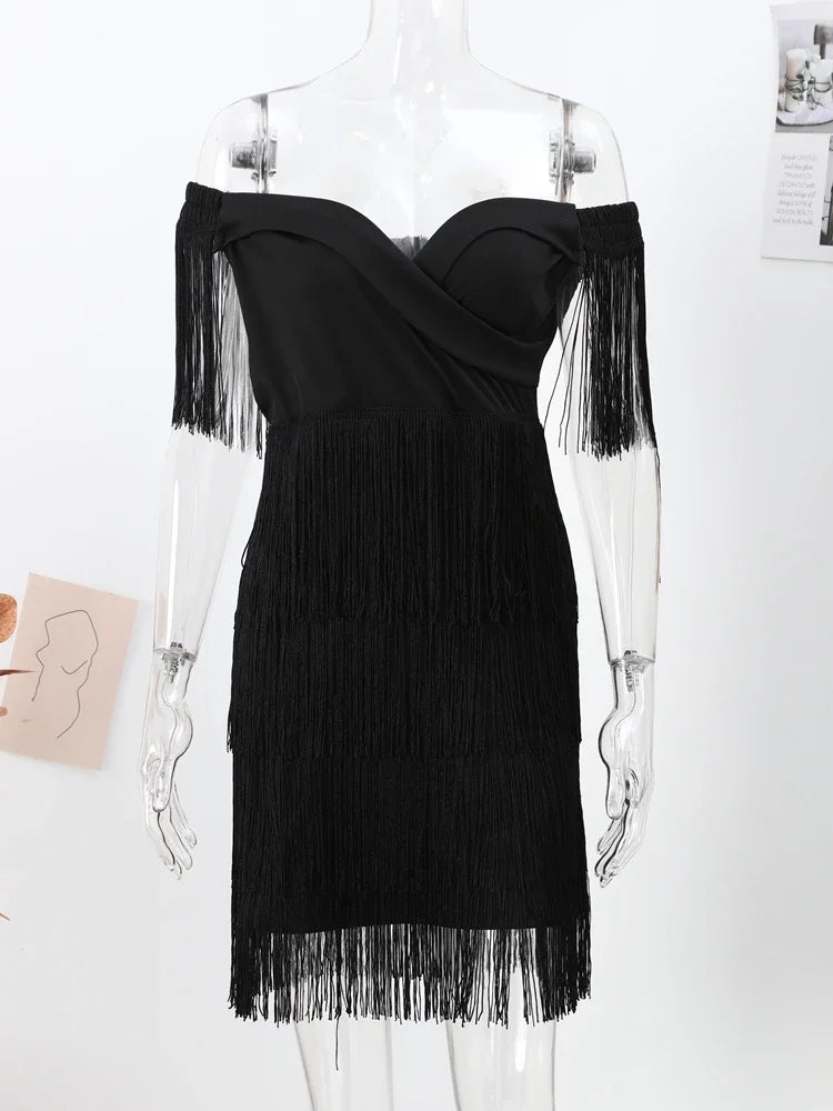 Sexy Sleeveless Bodycon Dress Women White Off Shoulder Tassel Female Short Dresses 2023 Summer Party Club Bandage - Seprincess