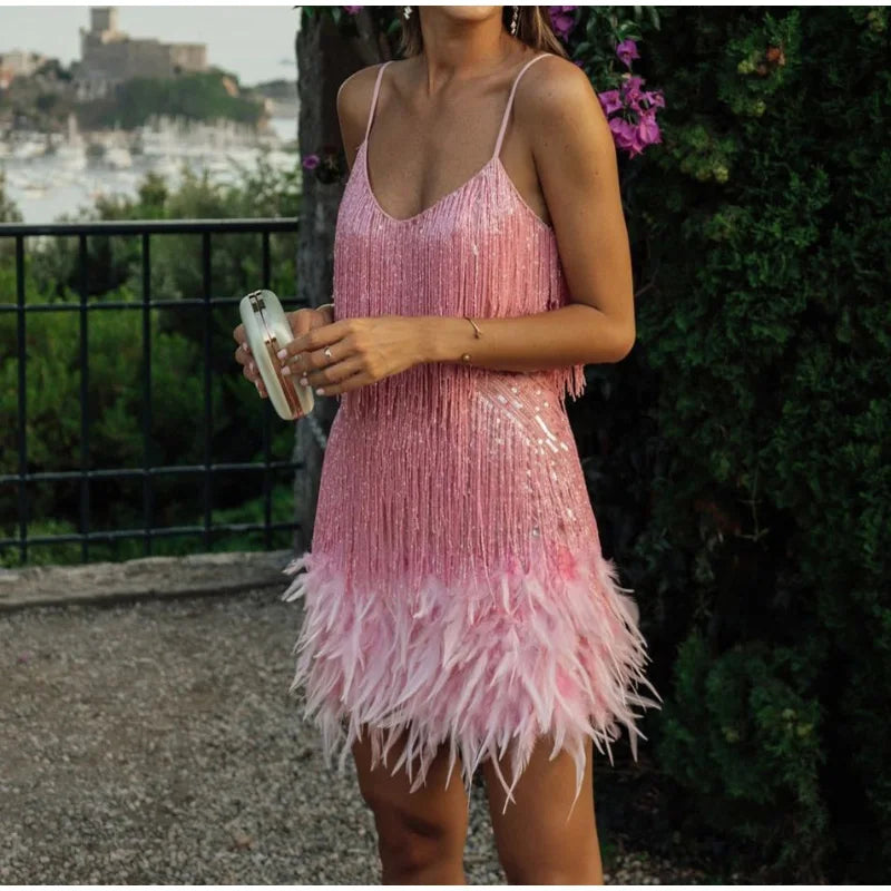 2024 Sexy Women's Fringed Sequin Feather Stitching Dress Summer Slim V-Neck Off Shoulder Dresses Female Backless Slip Mini Robe - Seprincess