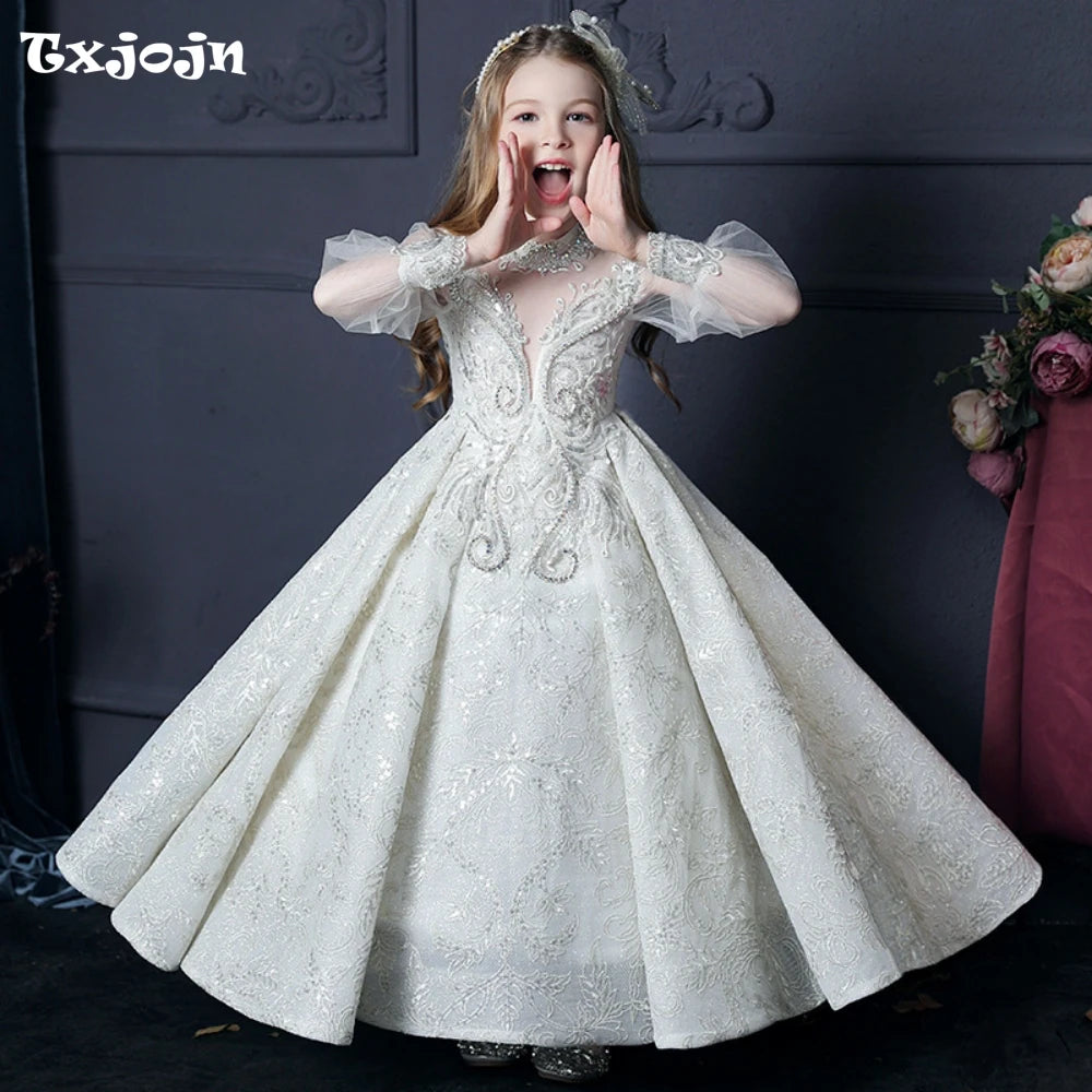 Graceful High Collar Long Sleeve Princess For School Performance Party Exquisite Appliques Beads Dresses For Girls Catwalk - Seprincess