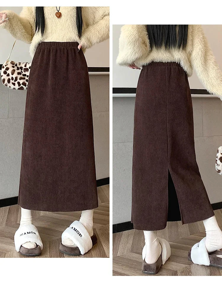 Thickened Fleece-Lined Corduroy Skirt Women's Autumn/Winter 2024 New Medium-Length A- Line Skirt With Side Slit High-Waisted