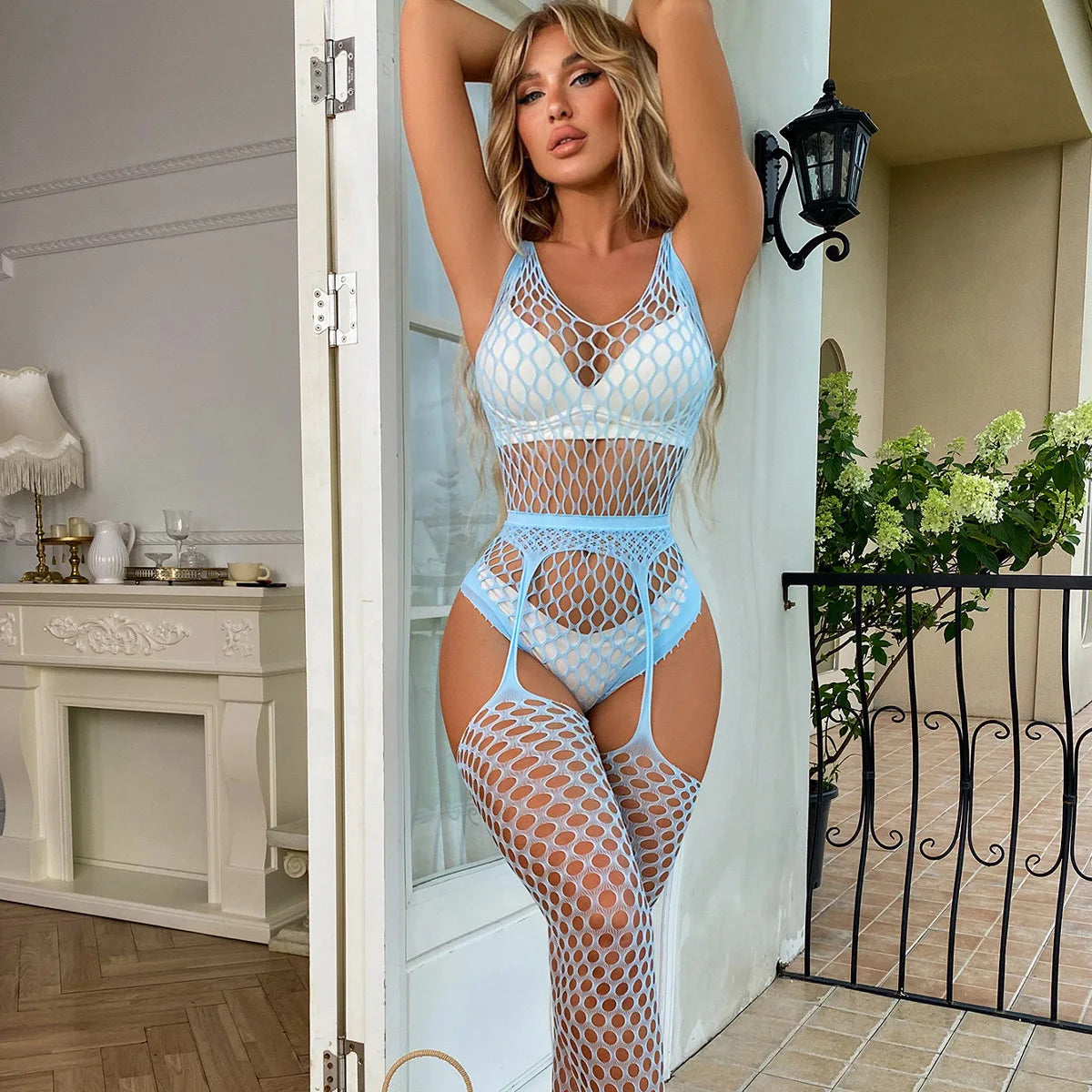 2022 New Sexy Women Fishnet Open Crotch Catsuit Mesh Tights Lingerie Erotic Bodysuit Sleepwear Crotchless Jumpsuit Teddies