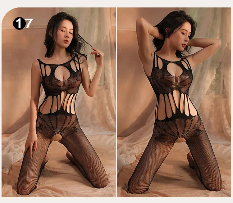 Women Sexy Crotchless Erotic Lingerie Porn Fishnet Mesh Bodysuit Female Stretch Open Crotch Porn Teddy Hollow Out Bodystockings