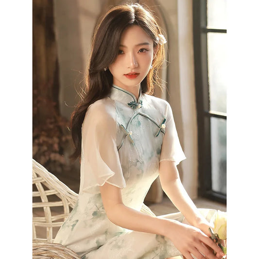 2024 Summer Cheongsam New Fairy Young Style Elegant Retro Qipao Girl Small Fresh Length Modern Oriental Dress - Seprincess