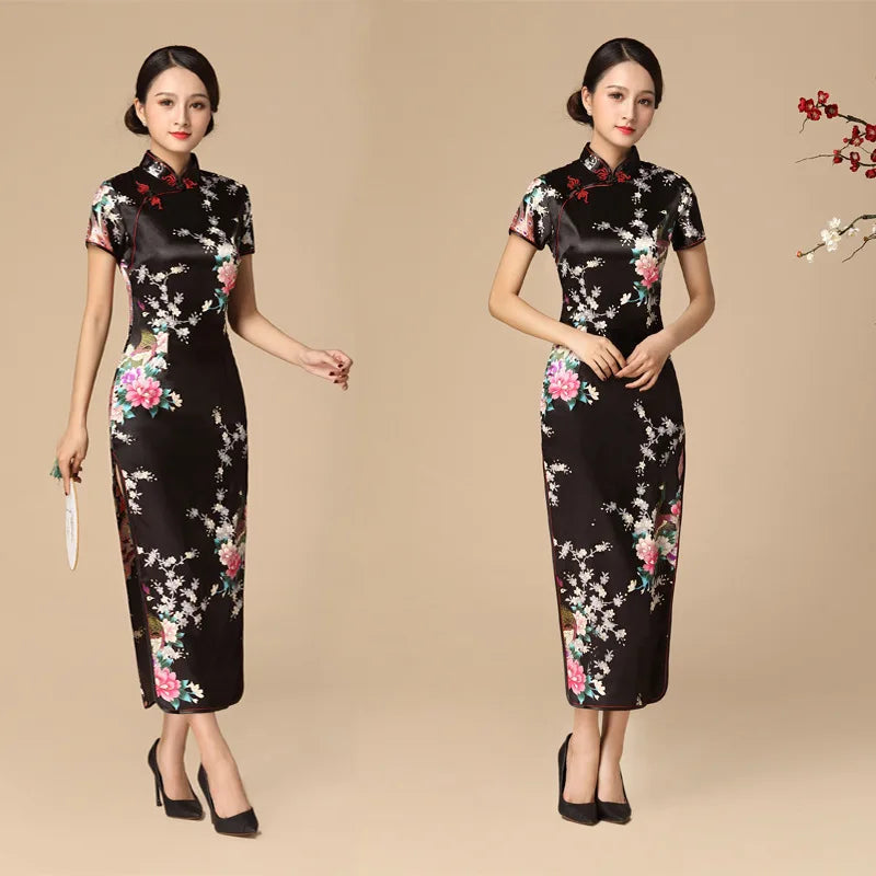 Women Satin Cheongsam Chinese Traditional Mandarin Collar Evening Party Dress Print Peacock Sexy Split Qipao Vestidso - Seprincess