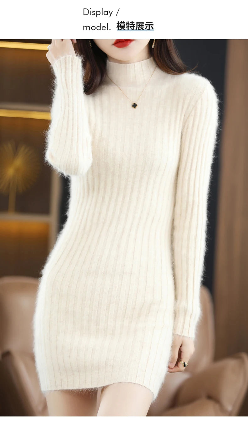 Women's High Collar Winter Warm Long Sleeve Solid Mink Cashmere Korean Version Loose Luxury Soft Cashmere Knitted Fit Dress - Seprincess