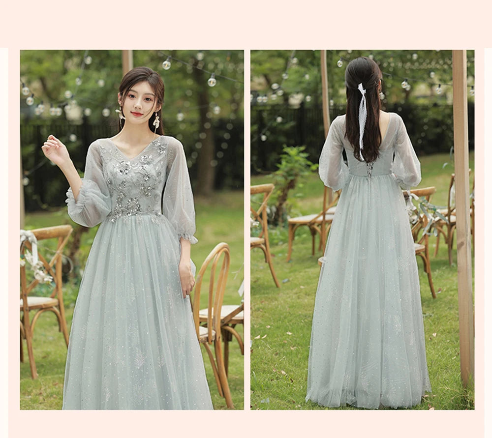 4 Styles Grey Bridesmaid Dress Women's Elegant V-neck Sequins Shawl Collar Slim A-line Gown Light Luxury Wedding Party Vestido - Seprincess