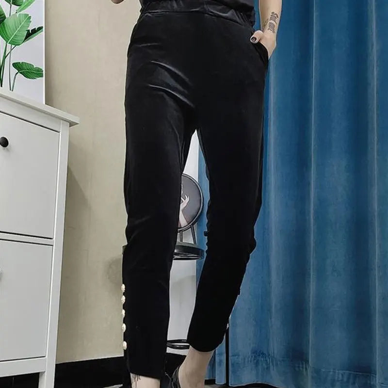 Casual Women's Solid Color Straight Cropped Pants Autumn Winter Fashion High Waist Elastic Chic Button Asymmetrical Trousers New