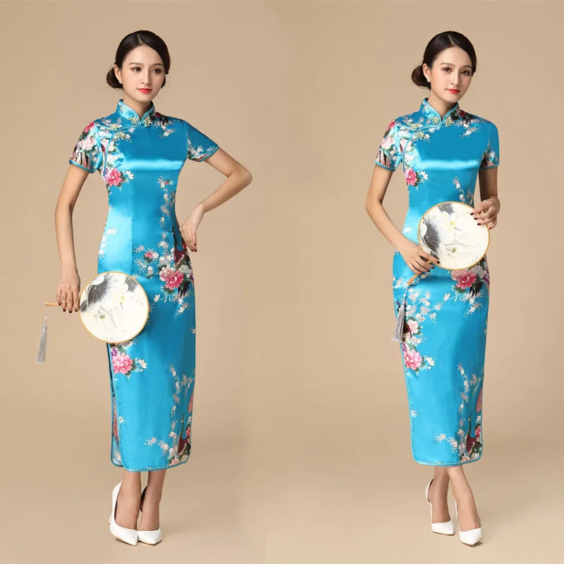 Women Satin Cheongsam Chinese Traditional Mandarin Collar Evening Party Dress Print Peacock Sexy Split Qipao Vestidso - Seprincess