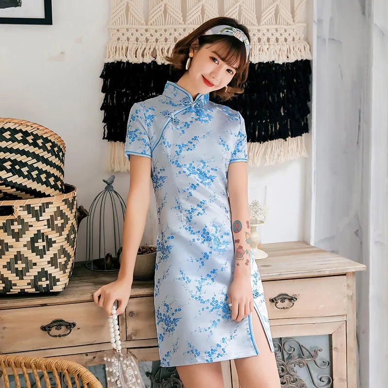 Front Fork Dragon&Phoenix Qipao Elegant Women Cheongsam Old Shanghai Mandarin Collar Sexy Short Chinese Dress Vestido - Seprincess