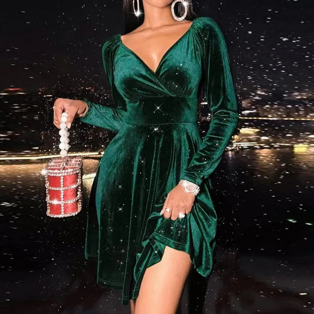 Elegant Sexy Dress Elegant V-neck Velvet Party Dresses for Women A-line Christmas Gown Long Sleeve High Waist Mini Dress - Seprincess