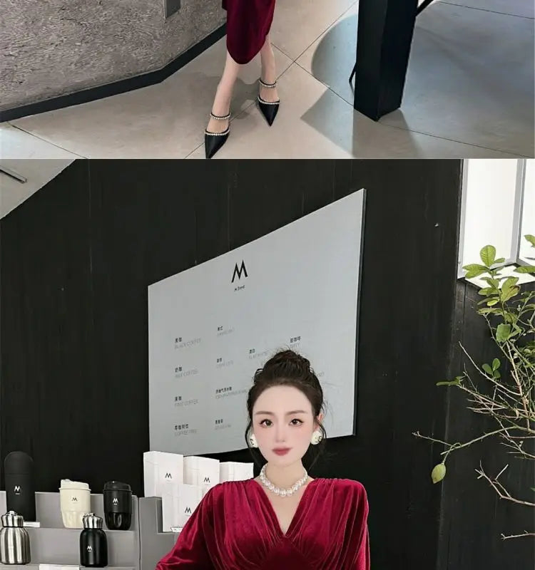 Women Vintage Gold Velvet Ruched Bodycon Elegant Evening Party Dresses Sexy V Neck Split High Waist Long Sleeve Maxi Dress Robe