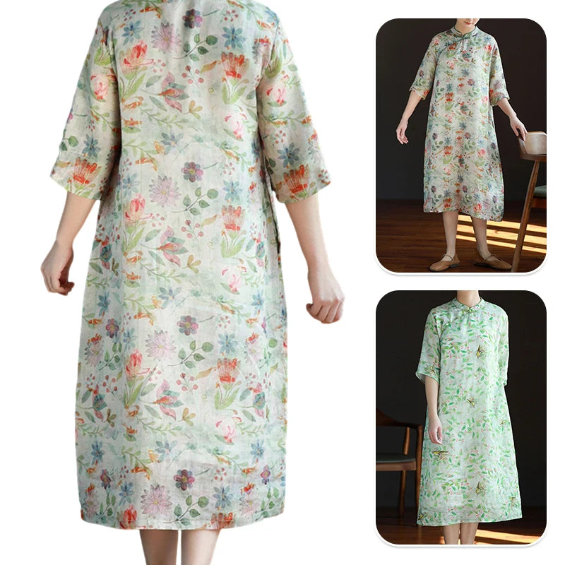 New Chinese Style Lady Cheongsam Qipao Summer Ethnic Elegant Floral Ramie Long Dress Standing Collar Retro Improved Qipao - Seprincess