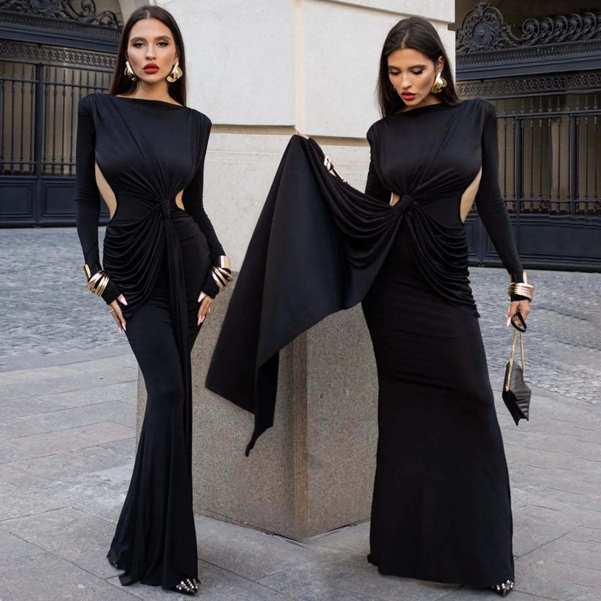 Cryptographic Fashion Ruched Cut Out Sexy Backless Maxi Dress Gown Club Outfits Fall Long Sleeve Draped Dresses Bodycon Clothes - Seprincess