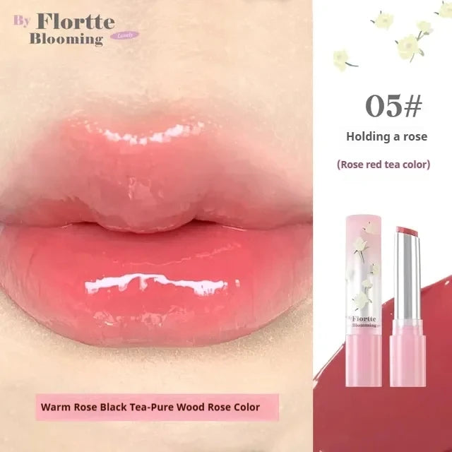 FLORTTE Lipstick Blooming Lovely Series Mirror Water Lip Glaze  Not Easy to Stick Cup Solid Lip Balm Cute Girls Makeup