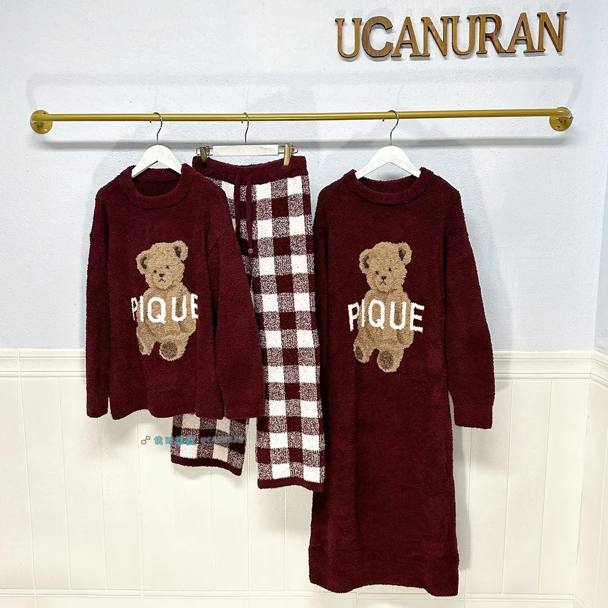 Japan Style Original New Year Teddy Bear Plaid Winter Thick Pajamas Knitted Sweaters Gown Wine Sleepwear Loungewear - Seprincess