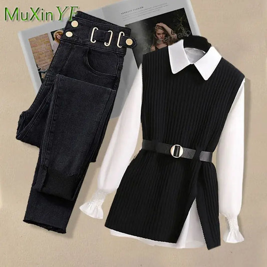 2024 Spring New Korean Elegant in Matching Set Women's Fashion Knitted Vest+Shirt+Jeans Three Piece Female Chic Denim Pants Suit - Seprincess