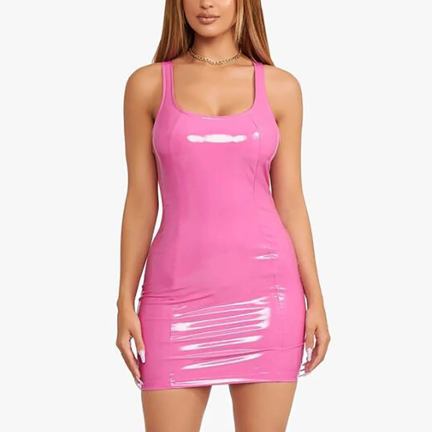 Multicolour Sexy Pink PU Leather Bodycon Party Club Dresses Vestido Women Sleeveless Low Cut Back Zipper Elastic Mini Dress - Seprincess