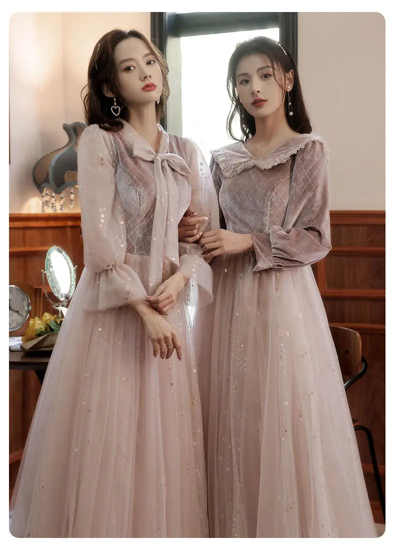 Autumn Winter Bridesmaid Dress New Women's Long Sleeve Corduroy Lace Splicing Style Dress Wedding Sisters Group Evening Dresses - Seprincess