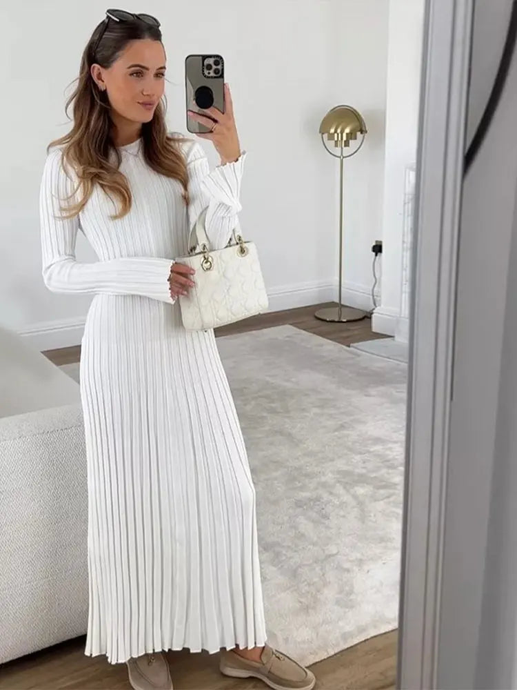 Women Elegant Solid Pleated Knitted Maxi Dress Casual Round Neck Long Sleeve Lace Up Dresses 2024 Autumn Lady High Street Robes - Seprincess