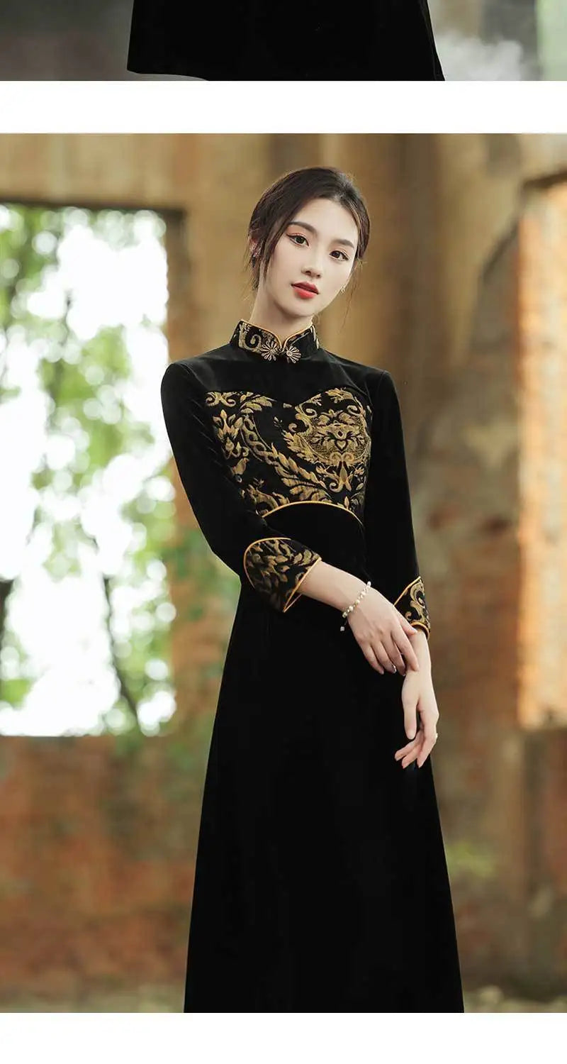 Women Qipao 2023 New Autumn Golden Velvet Long Cheongsam Sleeved High End Elegant Retro Style Cheongsam Long Sleeve Qipao Dress - Seprincess