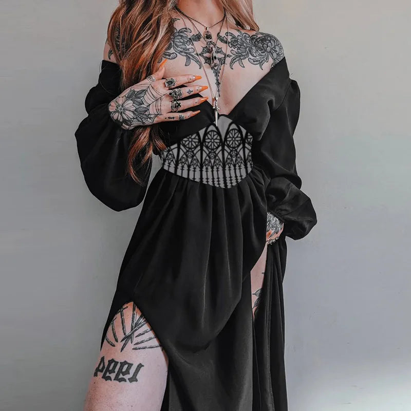 Fashion Hipster Slim Print Waist Big V-neck Dress Woman Halloween Party Black Dress Mysterious Witch Renaissance Daily Cosplay - Seprincess