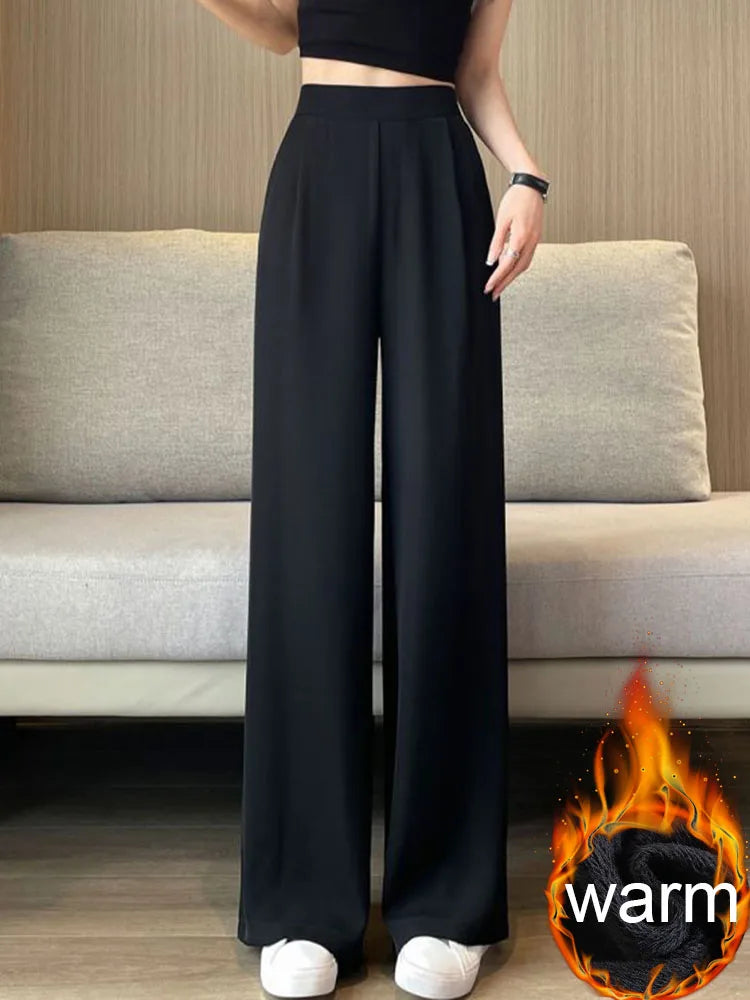 Women Formal Loose Thicken Straight Suit Pants Winter Warm Elastic High Waist Velvet Lined Wide Leg Pantalones Chic Solid Calca