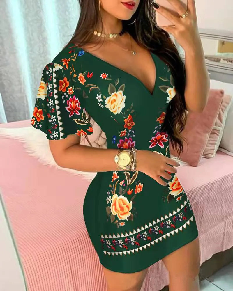 Summer Elegant Floral Print Bodycon Mini Dress Women 2024 Fashion Sexy Deep V-neck Package Hip Dresess Office Lady Party Dress - Seprincess