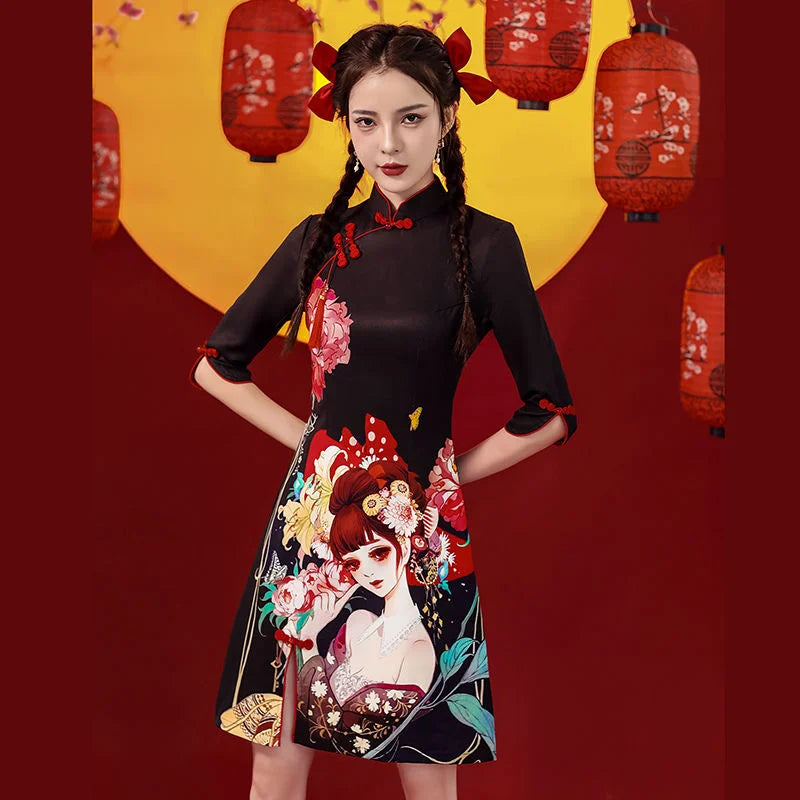 Chinese Style Cheongsam Dress Women Fashion Black Modern Modified Qipao National Traditional Robe Orientale Girl Vestido Chino - Seprincess