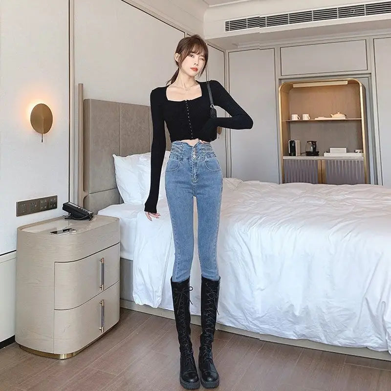 Slim Fit Denim Pants Women Jeans Elastic Pencil Trousers High Waist Ladies Tight Clothing Casual Skinny Women Clothing