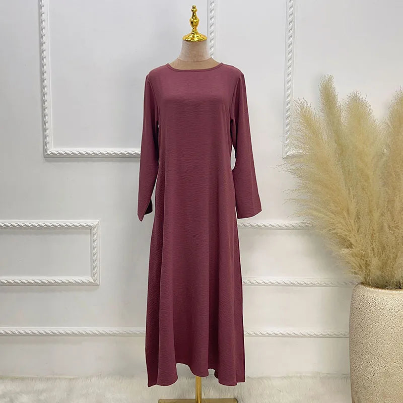 New Abaya Under Dress Long Sleeve With Pockets High Quality Jazz Crepe EID Muslim Women Basic Solid Modest Maxi Islamic Clothing - Seprincess