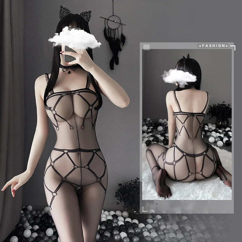 Tights Silk Body Stockings Female Erotic Lingerie Women Sexy Open Crotch Underwear Thin Transparent Bodysuit Cosplay Costumes