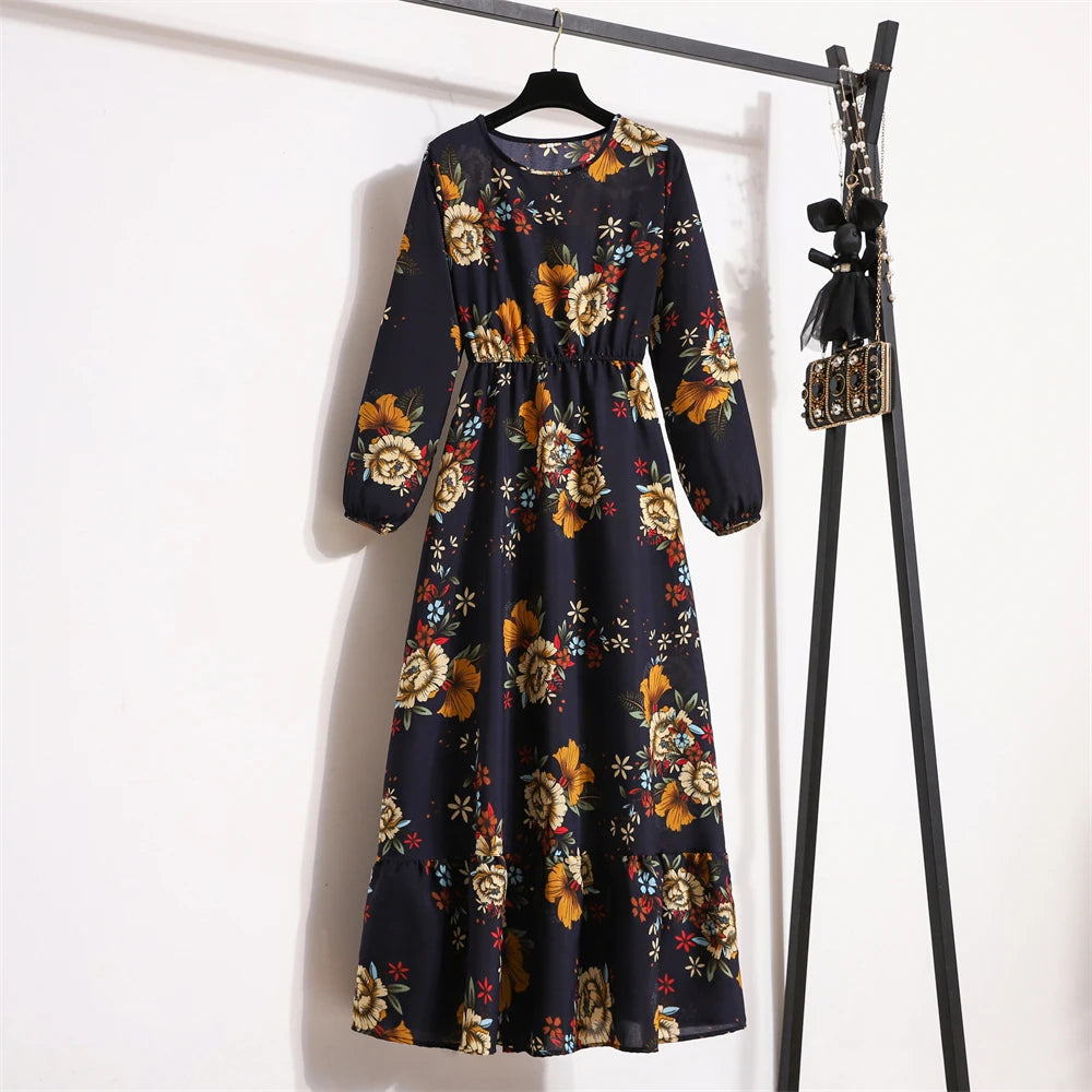 Autumn Spring Chiffon Dresses Fashion Female Full Sleeve Vintage Printed Floral Casual Long Dress Women Maxi Dresses Vestidoes - Seprincess