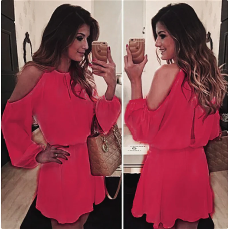 New Women Sexy Long Sleeves Casual Off Shoulder Chiffon Party Evening Club wear Short Mini Dress - Seprincess