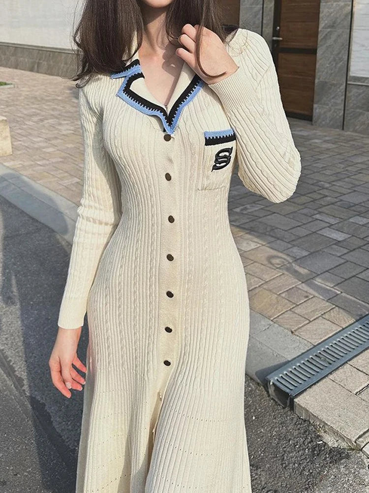 YuooMuoo 2024 Autumn Winter Elegant Knitted Sweater Dress Women Brand Fashion Embroidery Pocket Long Sleeve Shirt Dress Vestidos - Seprincess