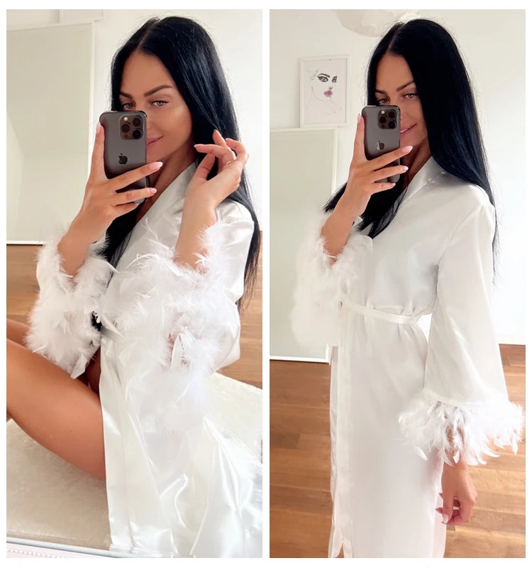 Hiloc Flare Sleeves Feather Robes With Fur White Wedding Sexy Robes Women Dresses Satin Bathrobe Female Sleepwear Fashion 2024 - Seprincess