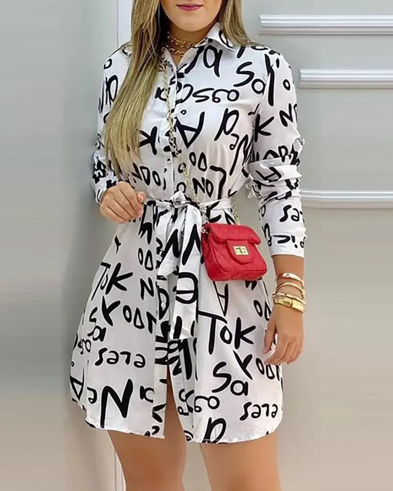 Women Elegant Dress Letter Print Long Sleeve Casual Shirt Dress Summer Spring Vacation Mini Dresses Office Lady 2024 vestidos - Seprincess