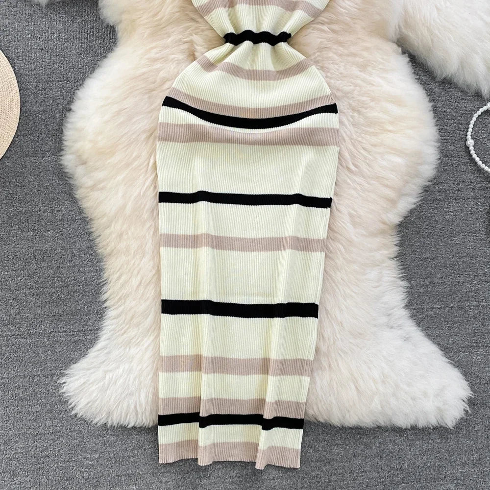 Chic Stripe O-neck Knit Elastic Bodycon Dress Sexy Beach Vacation Sundress Women Casual Slim Pencil Vestidos Maxi Long Dress - Seprincess