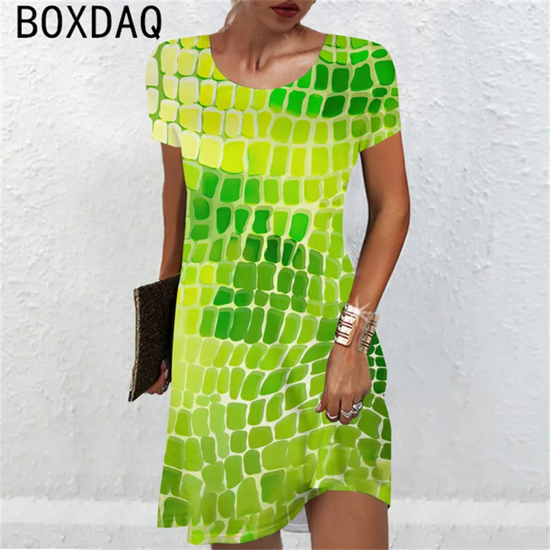 Women Short Sleeve O-Neck A-Line Mini Dress Sexy Snake Colorful Scale Pattern Printed Dress Large Size Lady Casual Sundress - Seprincess