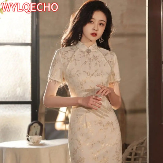 Women Summer Lace Gold Cheongsam Dress New French Style Wedding Evening Dress Vintage Female Tassels Sleeve Qipao S To 3XXL - Seprincess