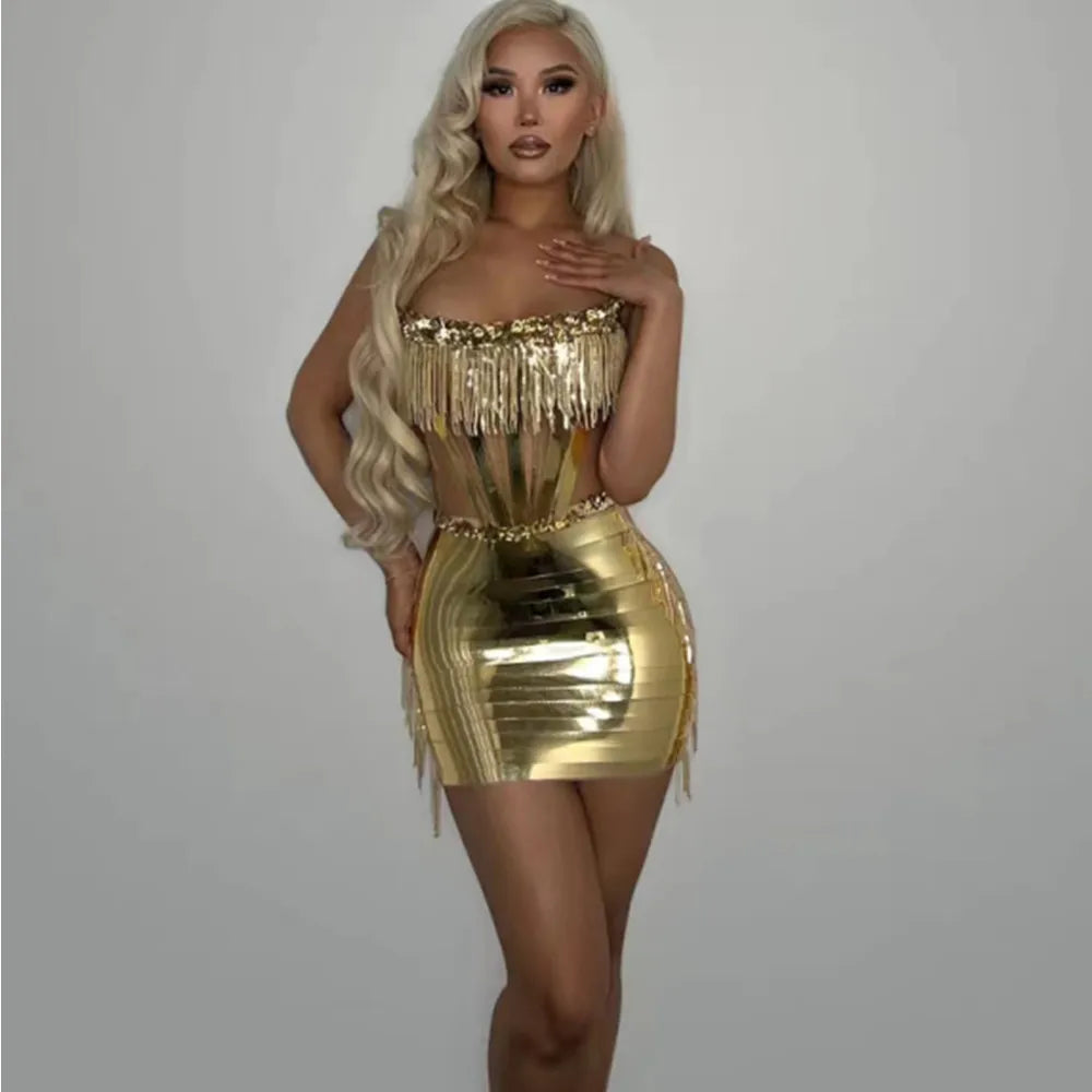 Customized Gold Color Women Sexy Off the Shoulder Shinning Sequins Tassel Birthday Bodycon Mini Dress Performance Custome - Seprincess